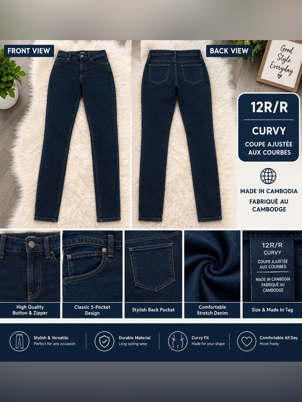 Curvy High-Rise Dark Blue Women’s Jeans - Made in Cambodia